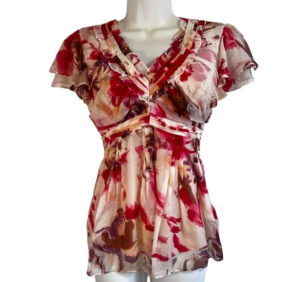 Sundance Tops - Sundance Silk Y2K Cream & Pink Floral Vneck Top, Size 2, Flutter Sleeves, Fitted